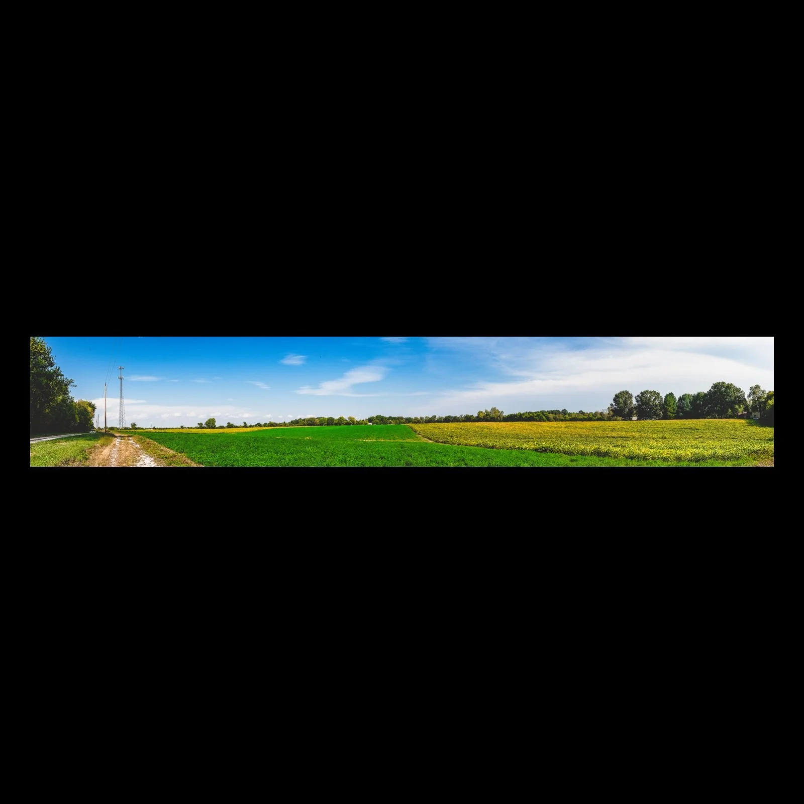 Full-frame black presentation thumbnail of Road Through Green, showing a pale rural road runs beside a vivid green field beneath a wide open sky