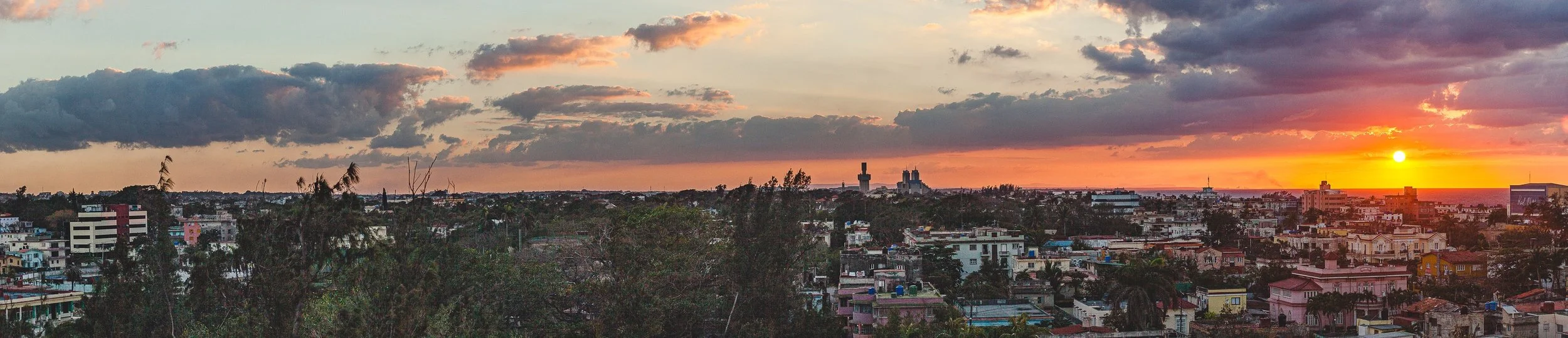 Detail crop from Sunset Over Roofs, emphasizing chimneys, windows, and tree lines reveal the community in small increments