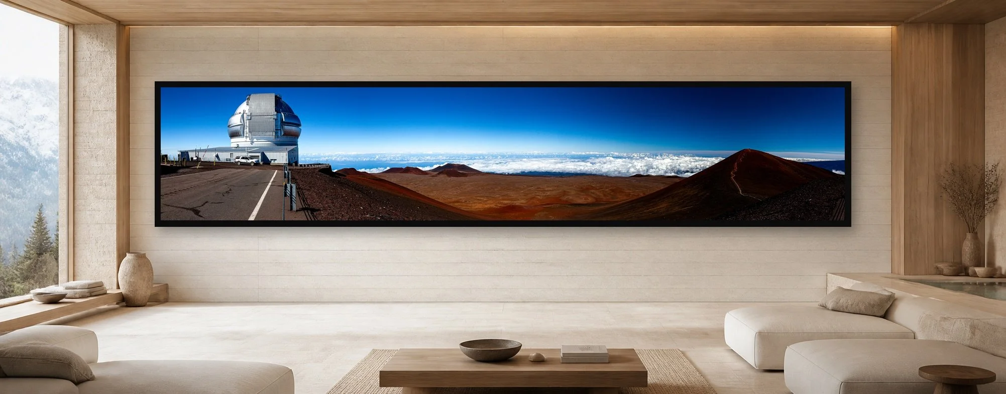 Summit Observatory displayed in a black frame within a luxury spa lounge with limestone, light ash wood, low cream seating, and a clear central wall