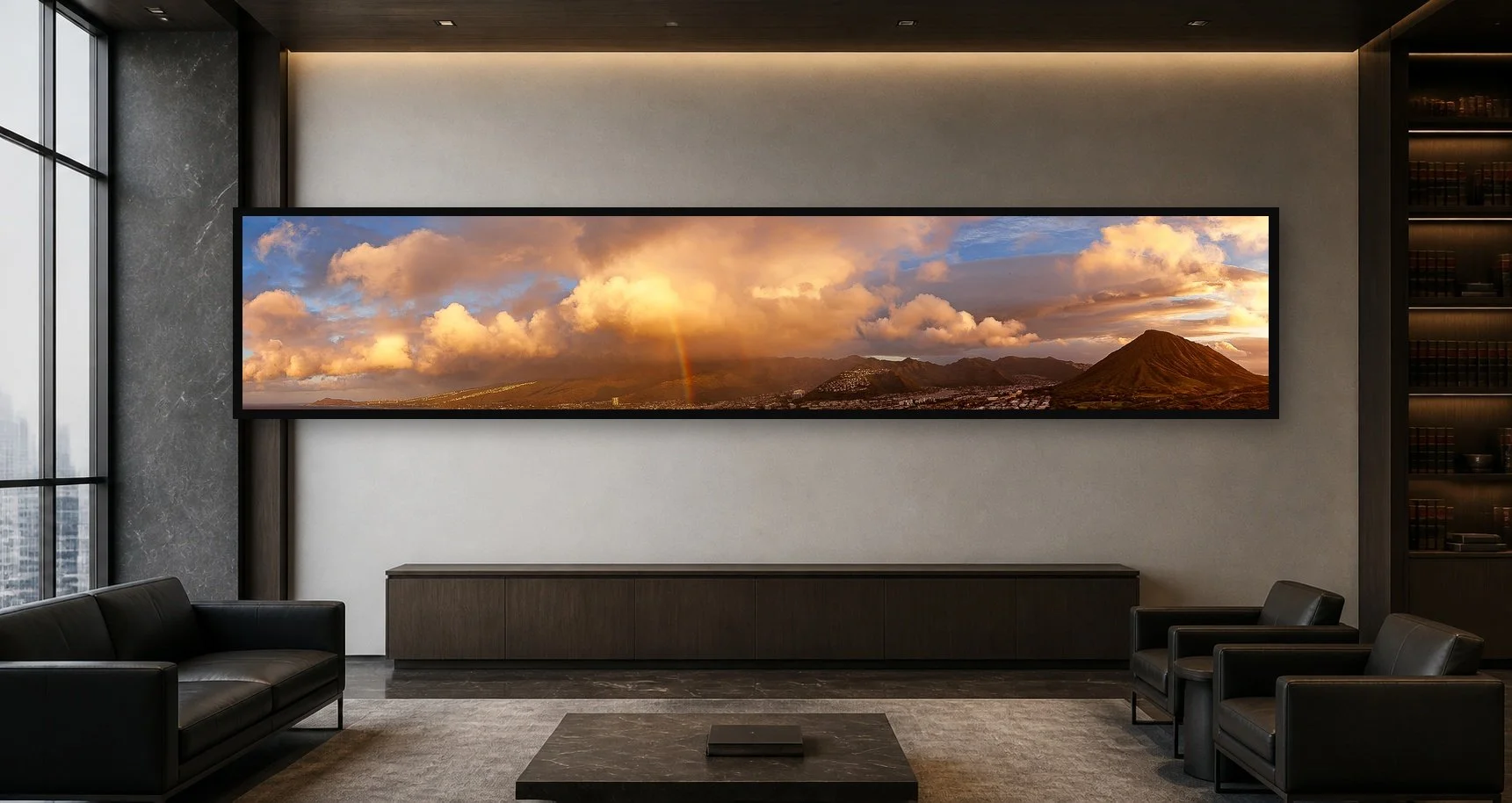 Rain Over the Ridge displayed in a black frame within a high-rise executive waiting room with charcoal stone, smoked oak, restrained leather seating, and a clear central wall
