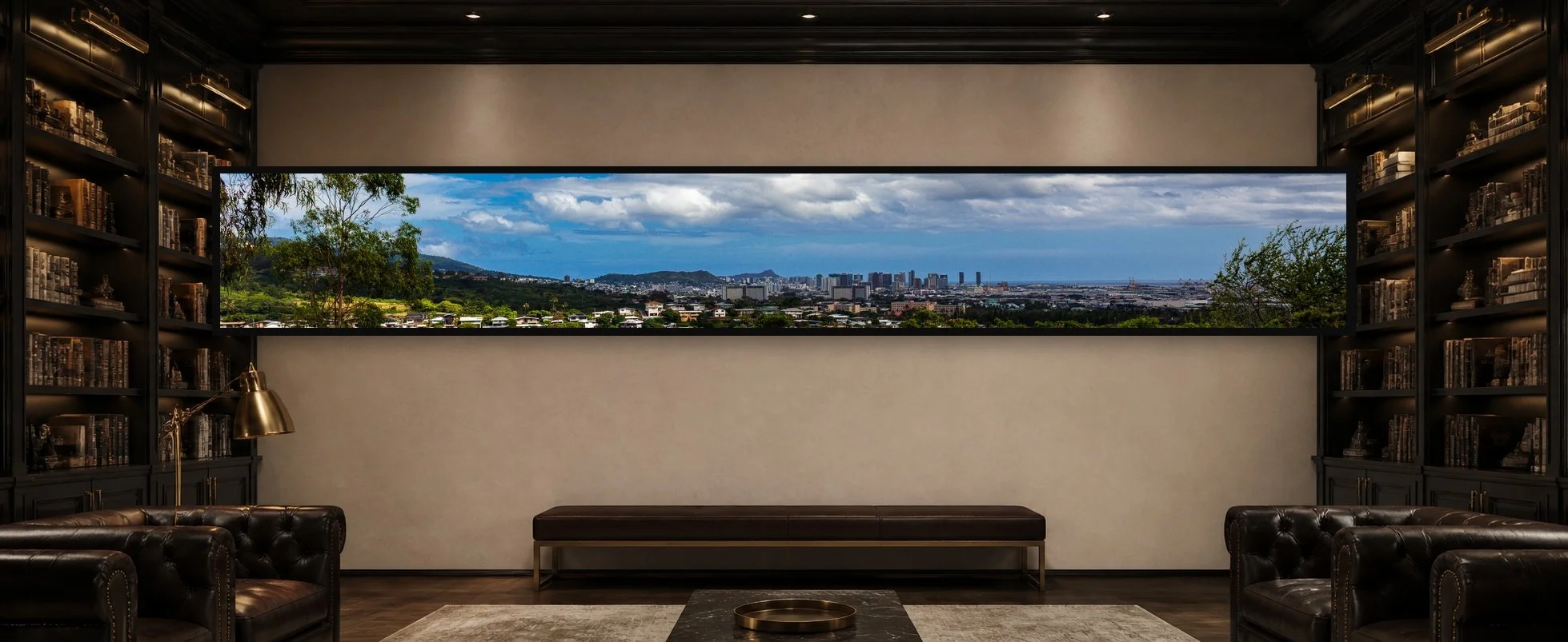 City Beyond the Trees displayed in a black frame within a quiet private library with dark shelving, warm brass, tailored wool seating, and a clear central wall