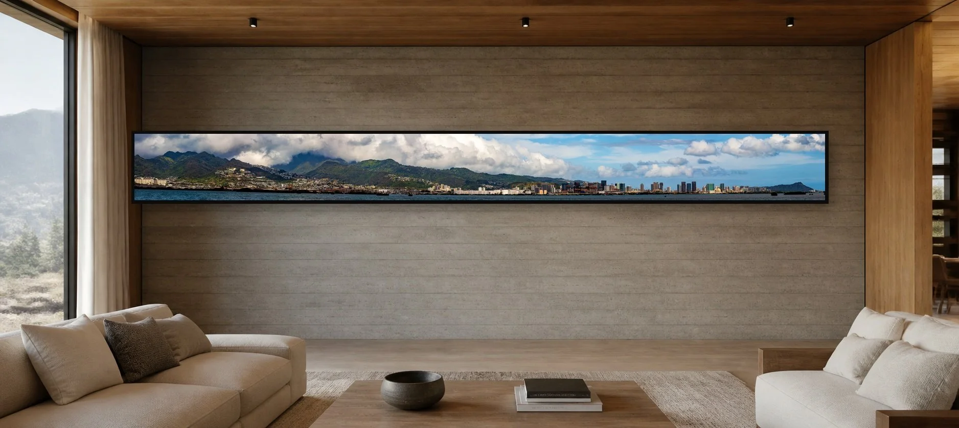 Mountain City displayed in a black frame within a contemporary mountain residence with board-formed concrete, oak, soft neutral upholstery, and a clear central wall