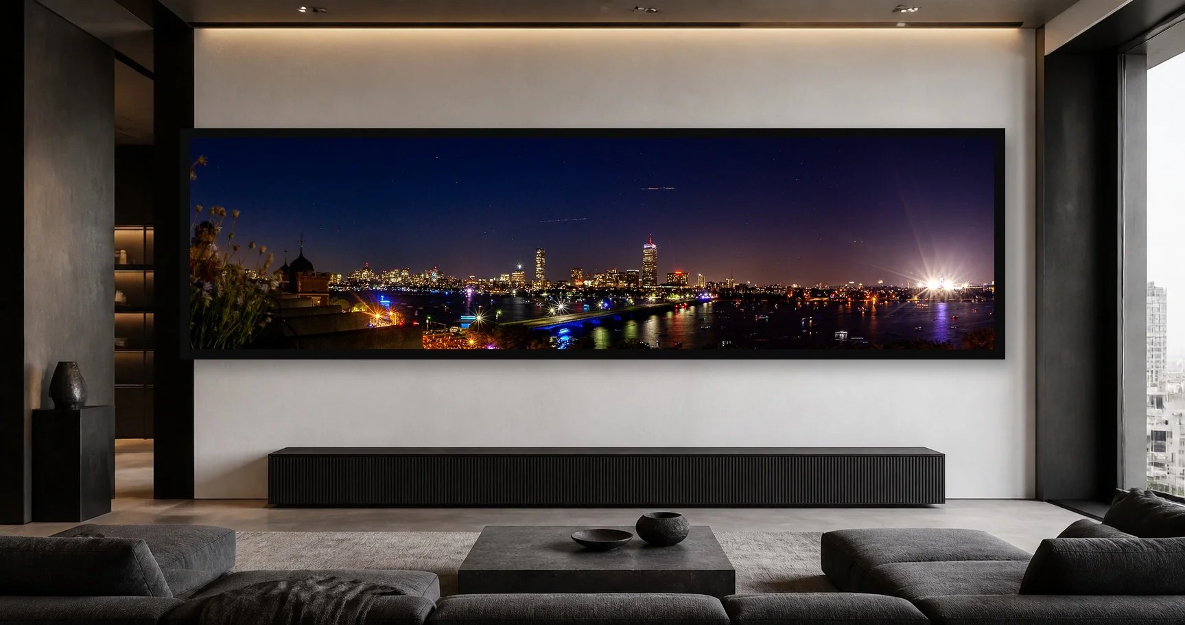 Waterfront After Dark displayed in a black frame within a modern collector's loft with white plaster, blackened steel, textured fabrics, and a clear central wall