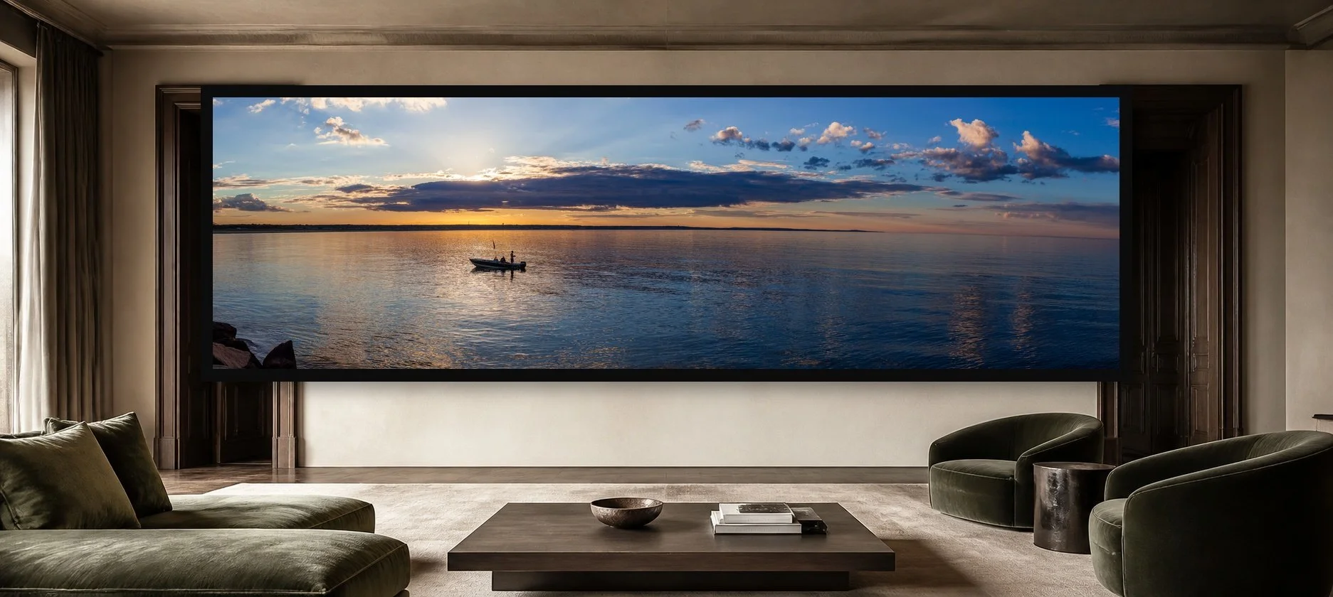 Boat on Still Water displayed in a black frame within a modern palazzo sitting room with lime plaster, dark timber, muted velvet, and a clear central wall