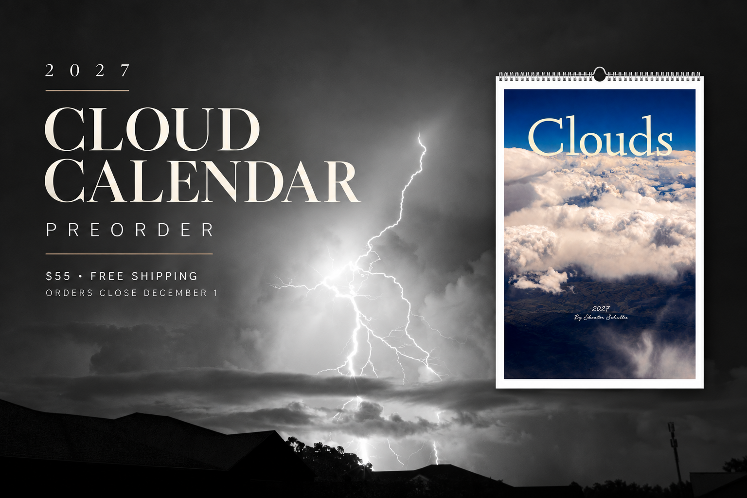2027 Cloud Calendar cover with aerial cloud photography and a wall-calendar preview
