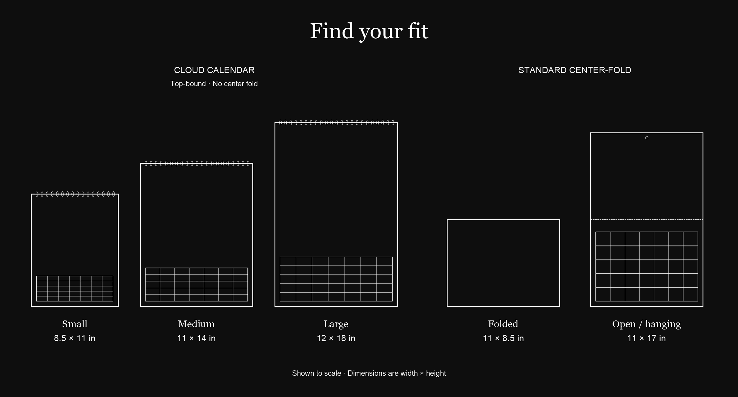 Scale comparison of the 8.5 x 11, 11 x 14, and 12 x 18 Cloud Calendar sizes beside a standard center-fold calendar