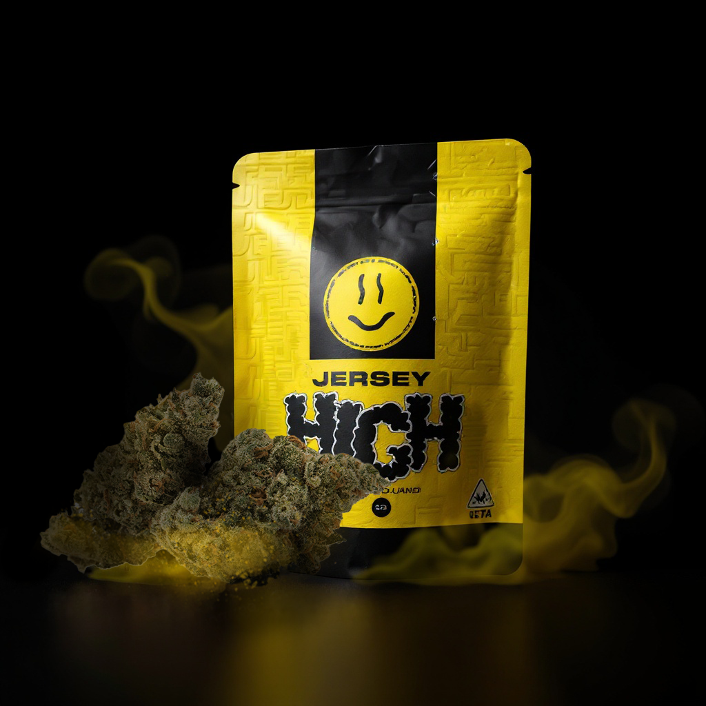 A packet of Jersey HIGH cannabis and a cannabis bud in front of it, with smoke swirling around in a dark background.