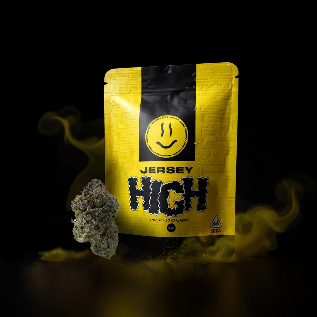 A yellow and black package labeled "Jersey High" with a smiley face, positioned with a cannabis bud in front and yellow smoke surrounding it against a black background.