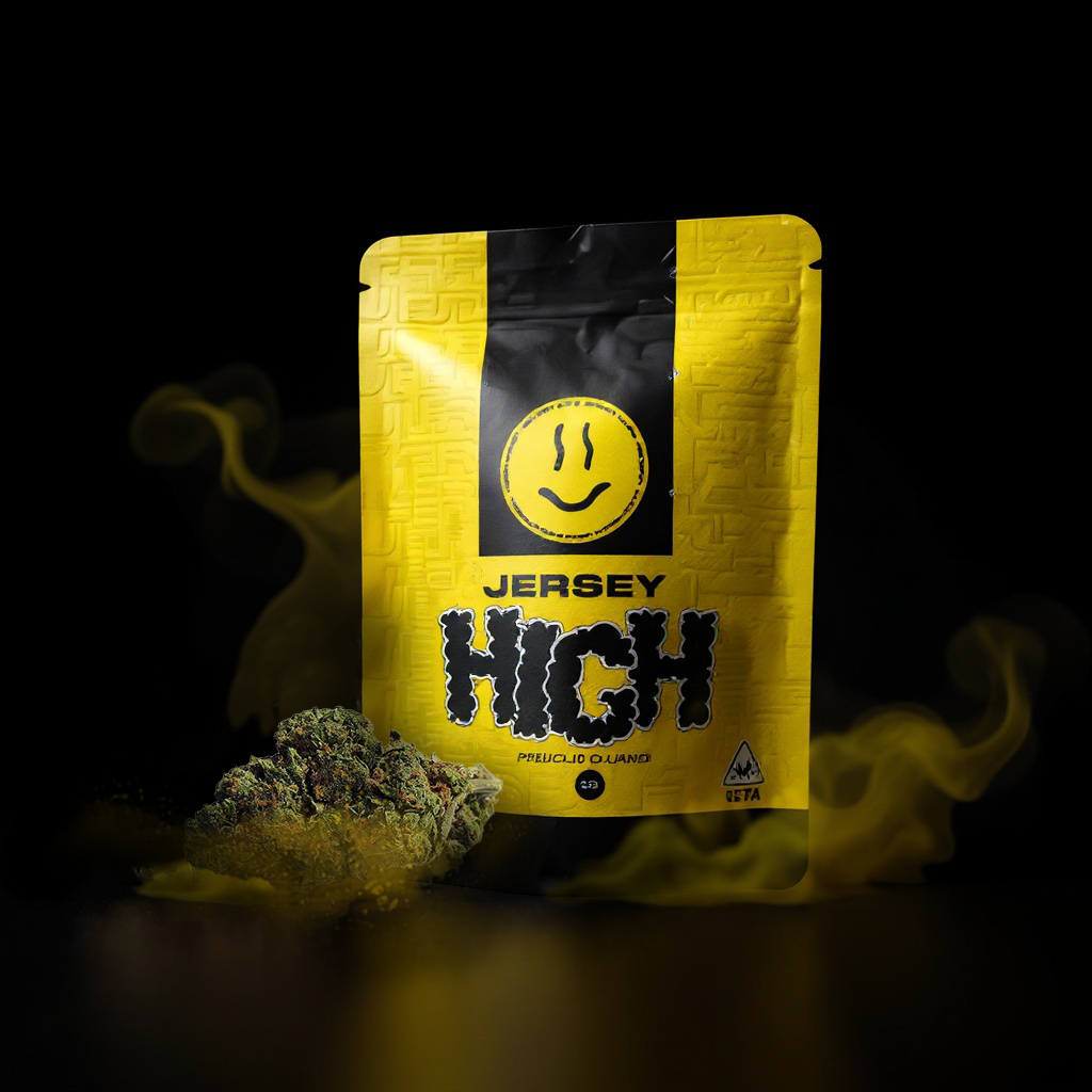A yellow and black package labeled 'Jersey High' with a smiley face logo, placed next to a cannabis bud, against a dark background with yellow smoke.