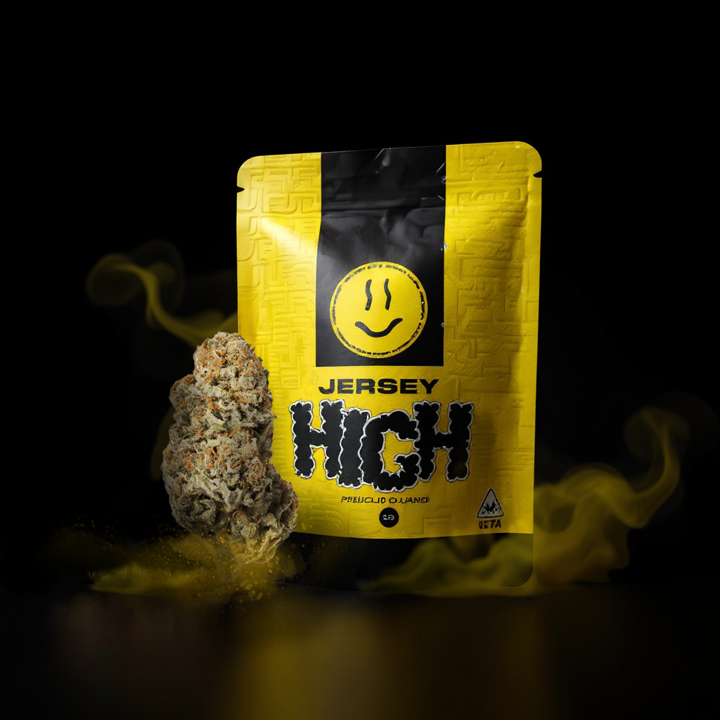 A yellow and black package labeled "Jersey High" with a smiling face logo, positioned on a dark surface with a cannabis bud to the left and yellow smoke swirling around.
