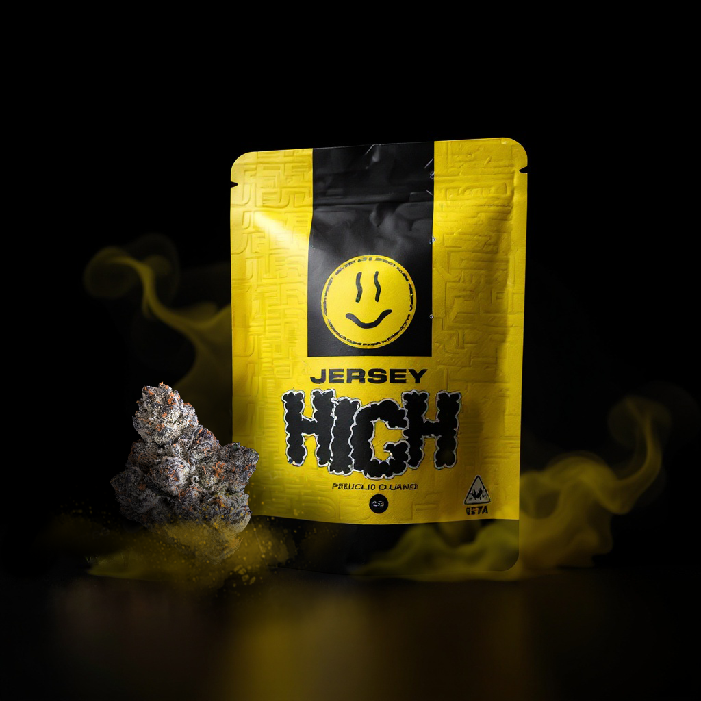 Yellow and black packaging of Jersey High cannabis product with a smiling face logo, placed next to a cannabis bud with smoke swirling around.