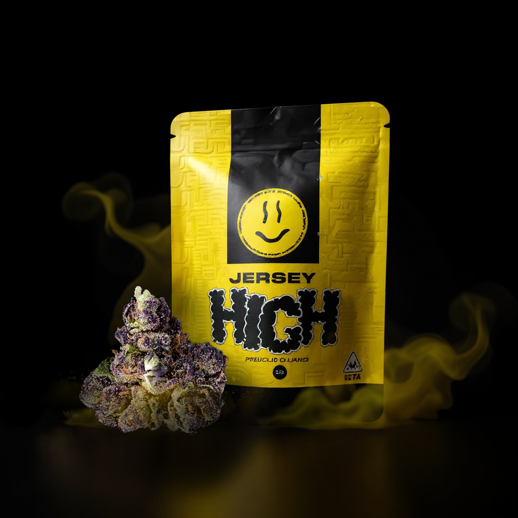 Cannabis flower in front of yellow and black packaging with a smiley face and the words 'Jersey High' on a black background with yellow smoke swirling around.