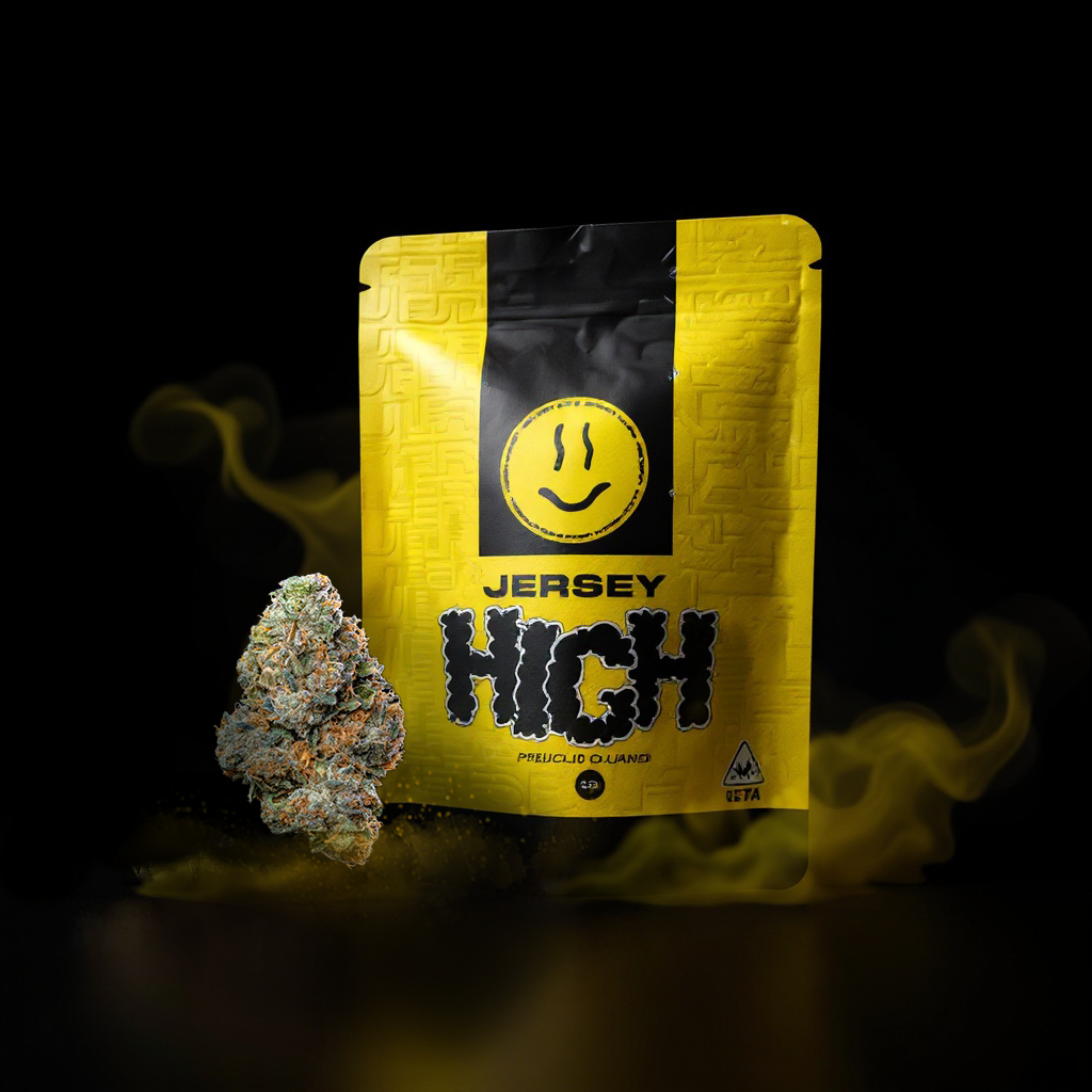 A yellow and black bag of Jersey HIGYH cannabis product with a smiley face logo, placed next to a cannabis bud with yellow smoke in the background.