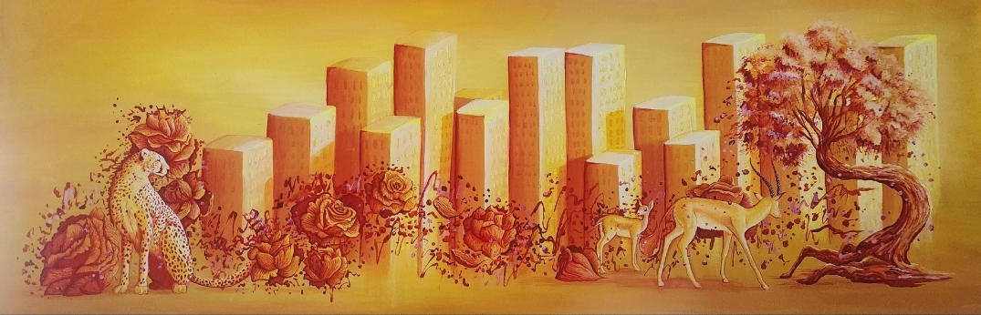 Displaced, 2024 - 12" x 36", acrylic on wood canvas, gallery style, sides painted yellow - $650.00 CAD