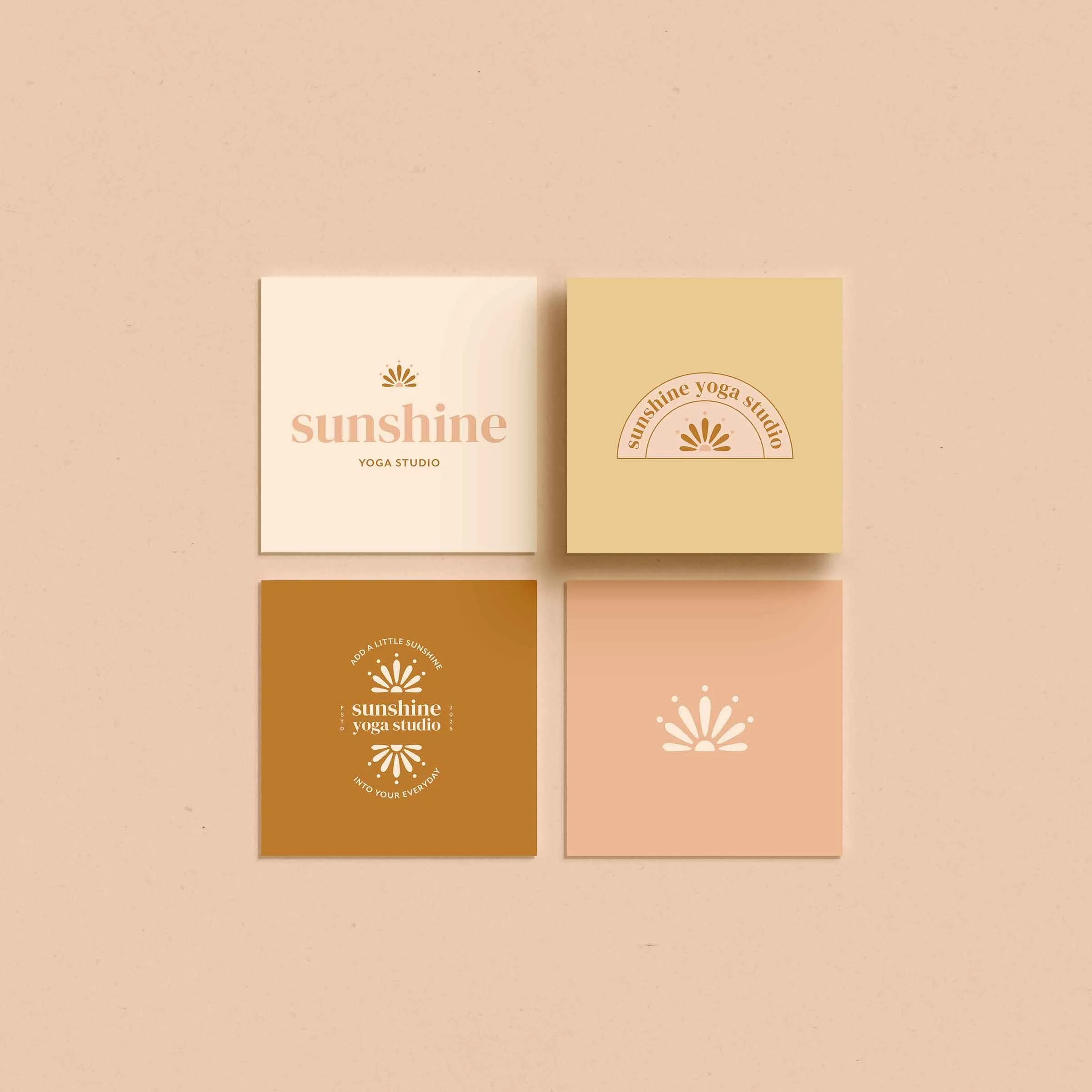 Set of four square cards with minimalist sun and logo designs for Sunshine Yoga Studio in beige, light pink, and brown tones.