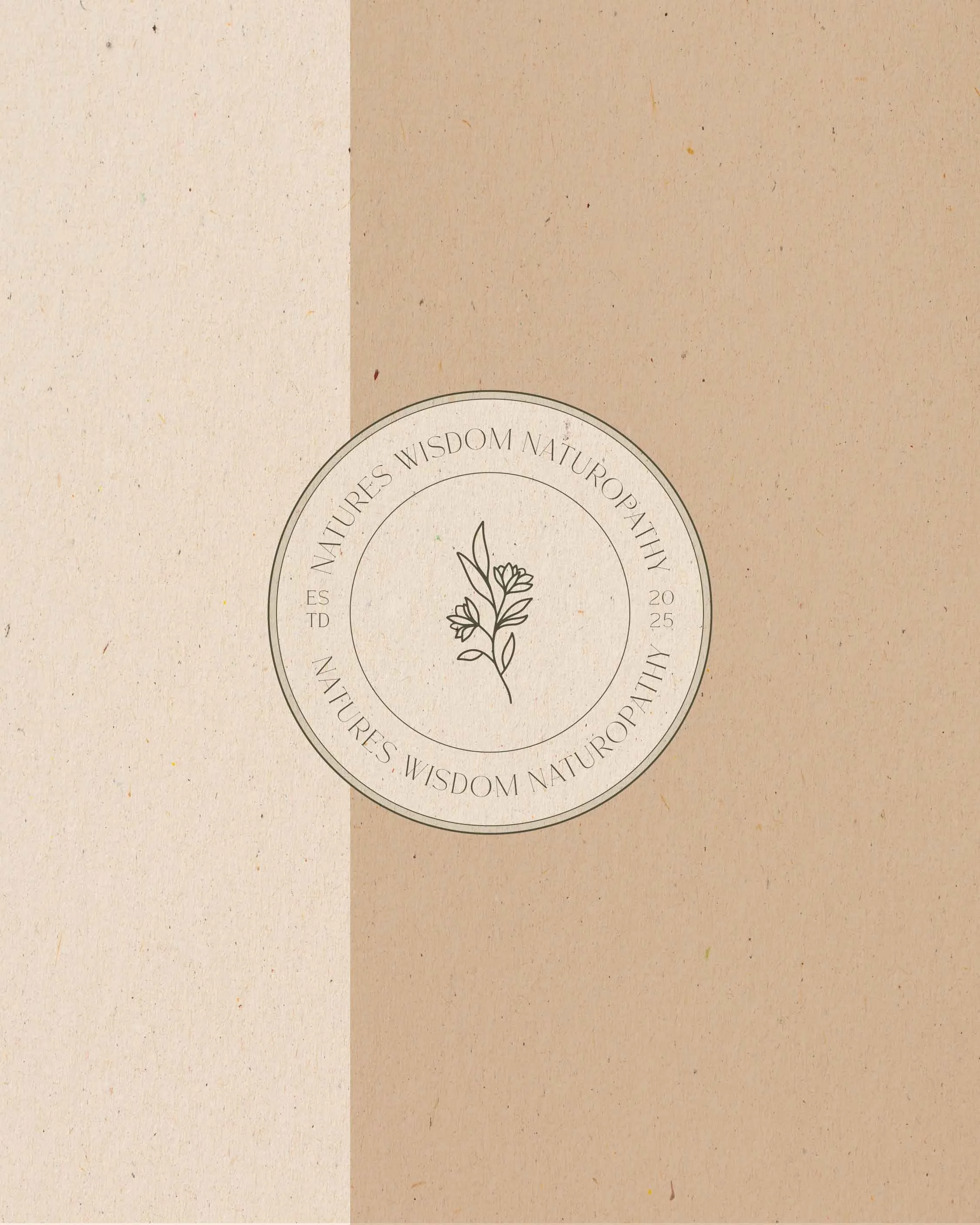A circular logo with a plant illustration in the center, surrounded by the text 'NATURE'S WISDOM NATUROPATHY' and 'ESTD 2025' on a background split into two shades of beige.