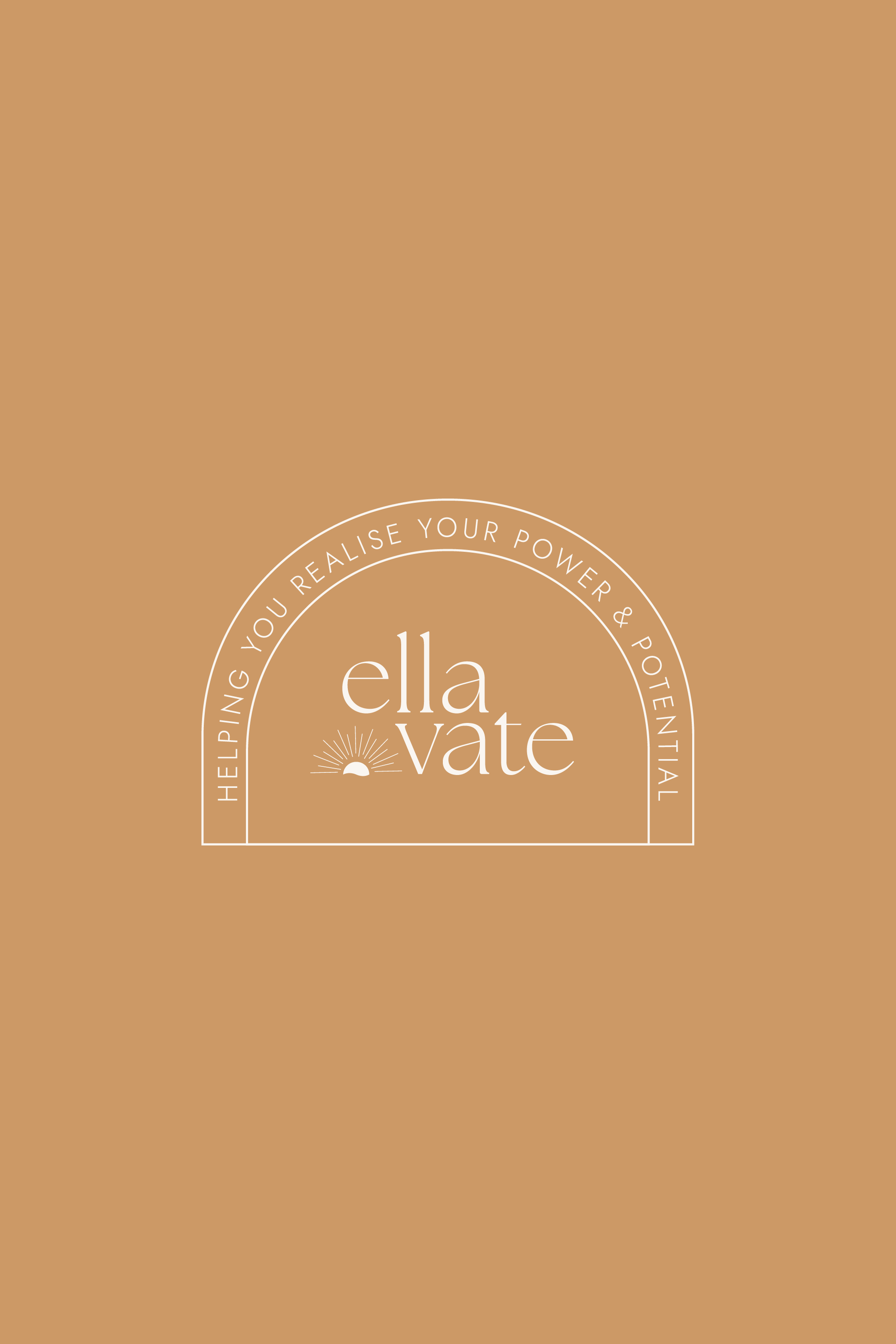 Logo with text 'Helping you realize your power & potential' and the name 'ella vate' with a sunrise illustration on a beige background.