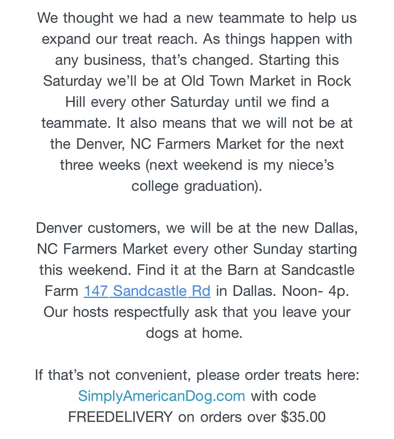 Please take a moment to read&hellip; @denver_nc_farmers_market we&rsquo;ll be back soon. Use the free shipping code! See you tomorrow @davidsonfarmersmkt and @oldtownmarketsc On Sunday we&rsquo;ll be in the barn @thebarnatsandcastle #smallbusiness #e