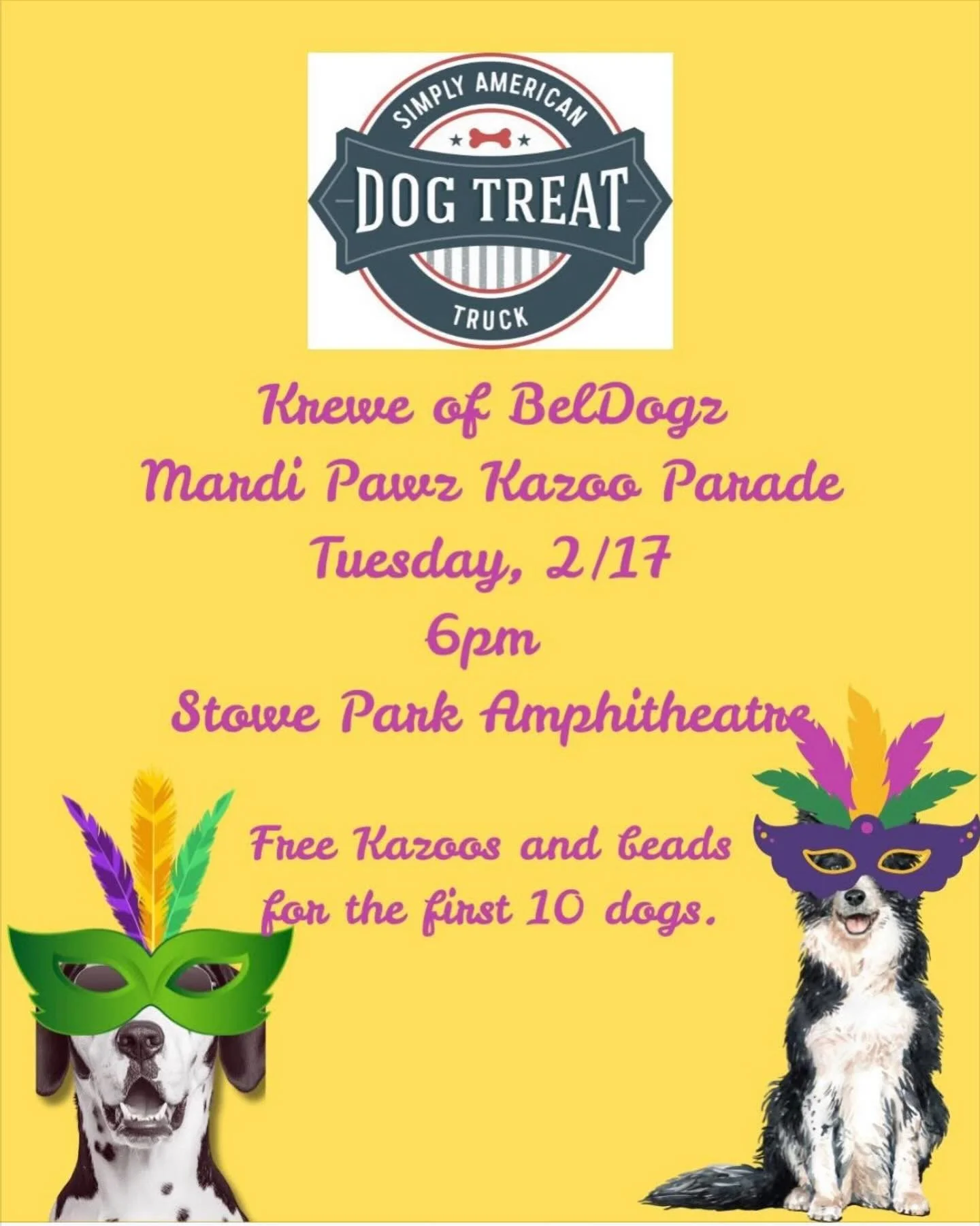 TUESDAY in Stowe Park is Mardi Pawz ! It&rsquo;s fun. It&rsquo;s free and it&rsquo;s silly! Free kazoo and beads for the first ten dogs  to arrive. 6p at the Amphitheater. Come ready to pawty.
