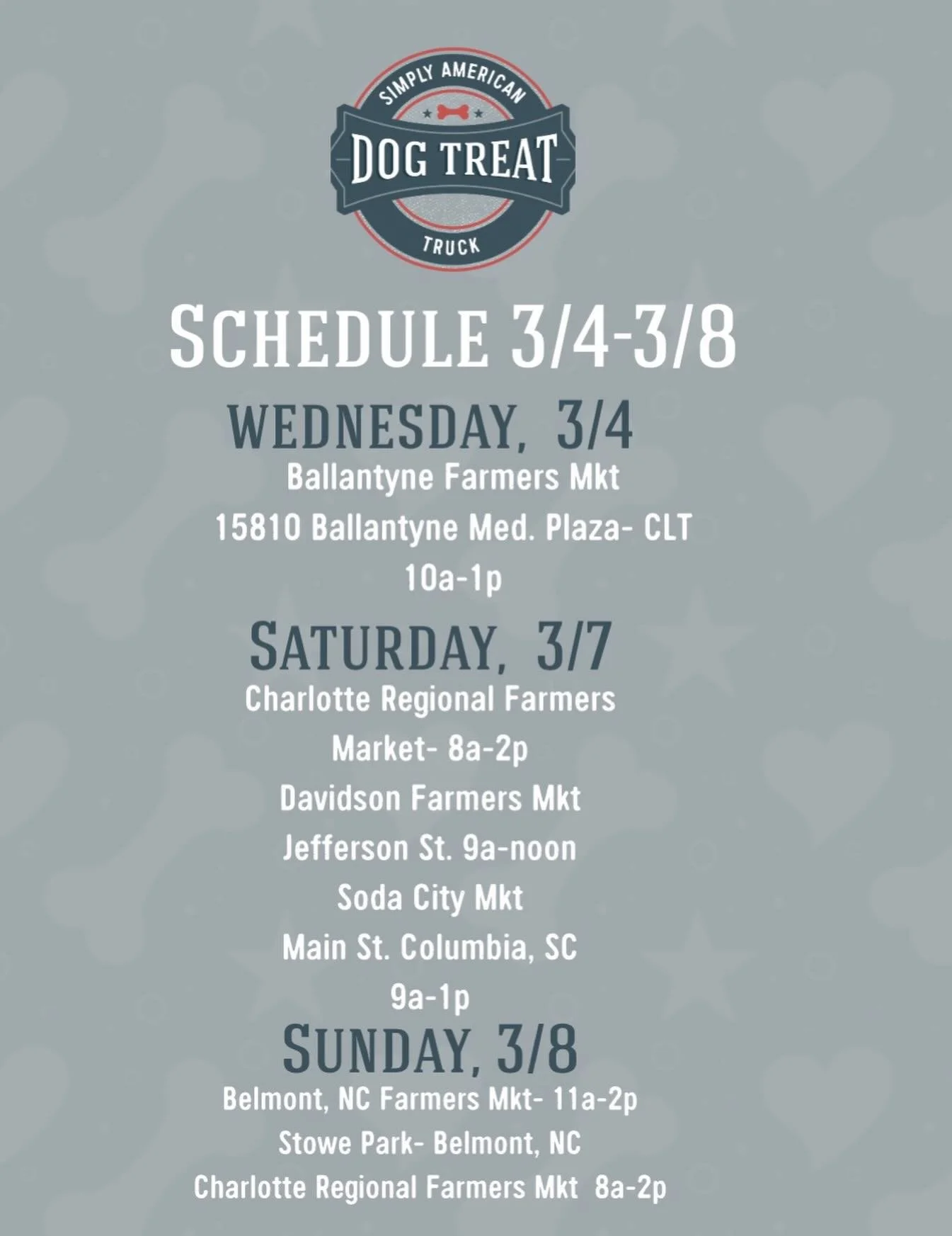 Happy first week of March&hellip; we have so many opportunities to help you keep your Treat Jar full! 

Wednesday: Ballantyne Farmers Mkt

Saturday:  Charlotte Regional Farmers Mkt
  Davidson Farmers Mkt
  Soda City Mkt

Sunday: Belmont, NC Farmers M
