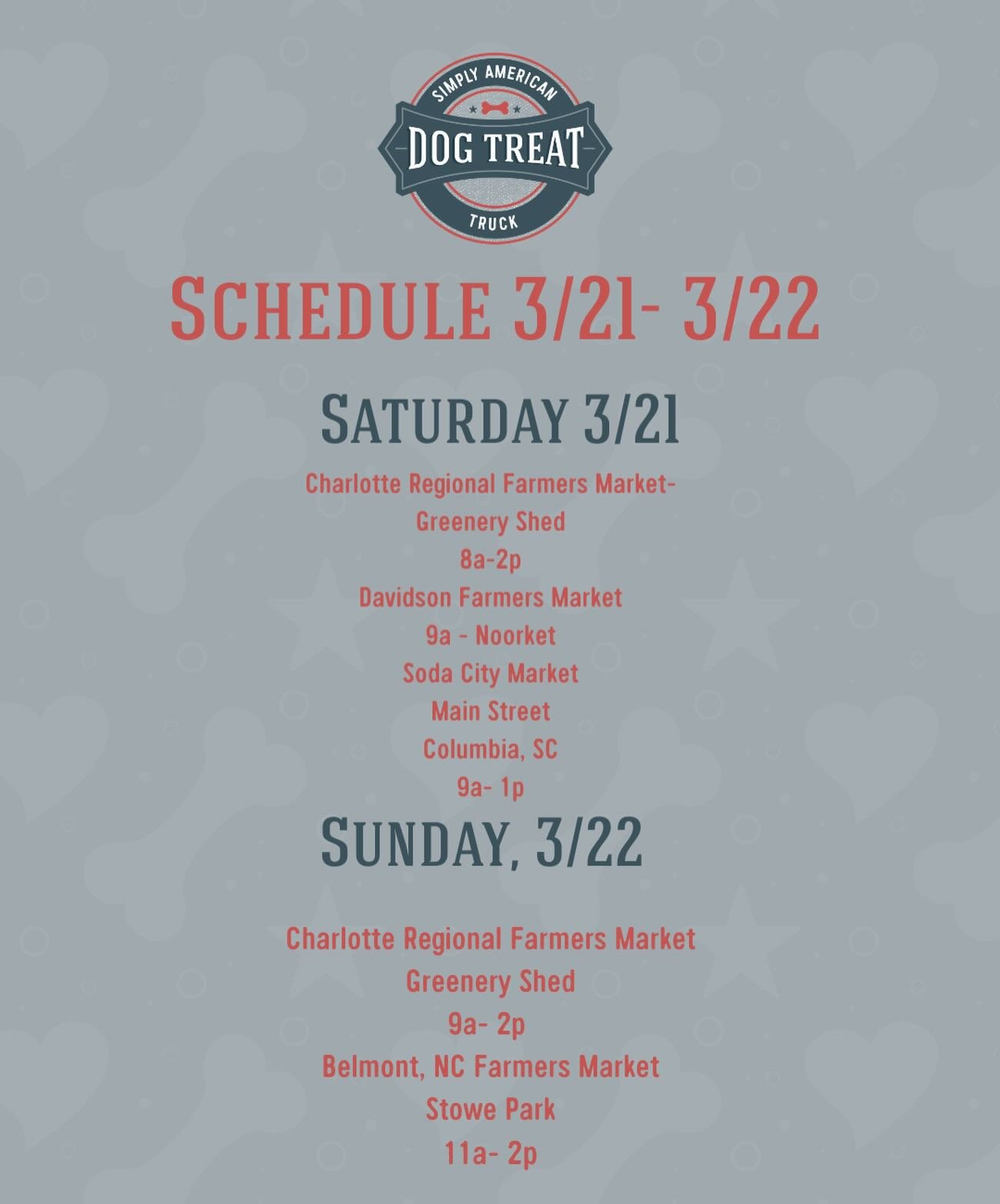 5 Opportunities to fill your Treat Jar this weekend!

Saturday:
@charlotteregionalfarmersmarket 
@davidsonfarmersmkt 
@sodacitysc 

Sunday:
@belmontnc_farmersmarket 
@charlotteregionalfarmersmarket 
#limitedingredientdogtreats #pork #apple #downtownb