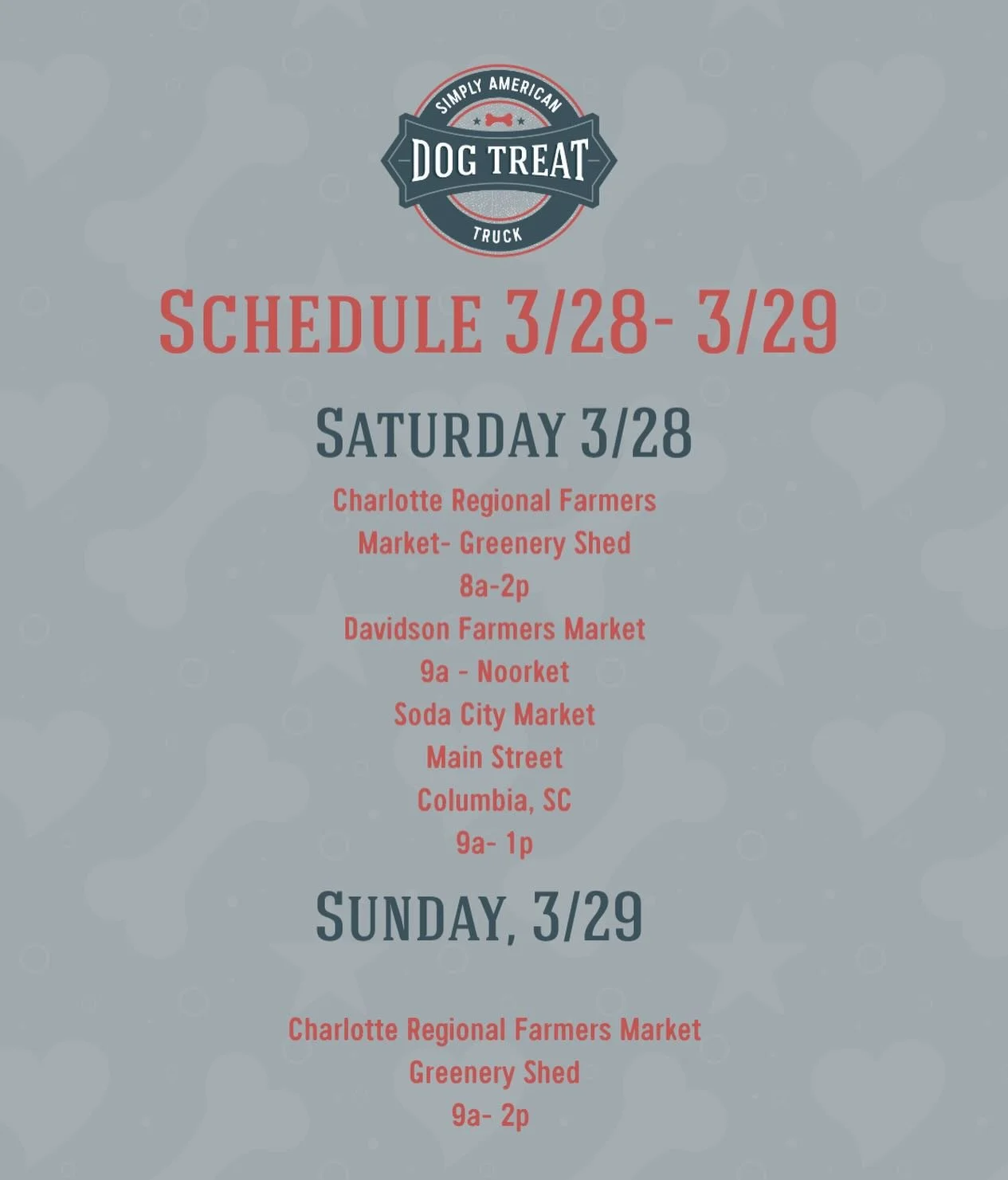 Add us to your weekend plans&hellip;..

🐾Charlotte Regional Farmers Market- Sat. &amp; Sun.
🐾Davidson Farmers Market- Sat. 
🐾Soda City Market (Columbia, SC)- Sat. 

We can&rsquo;t wait to see you! #dogtreats #farmersmarket