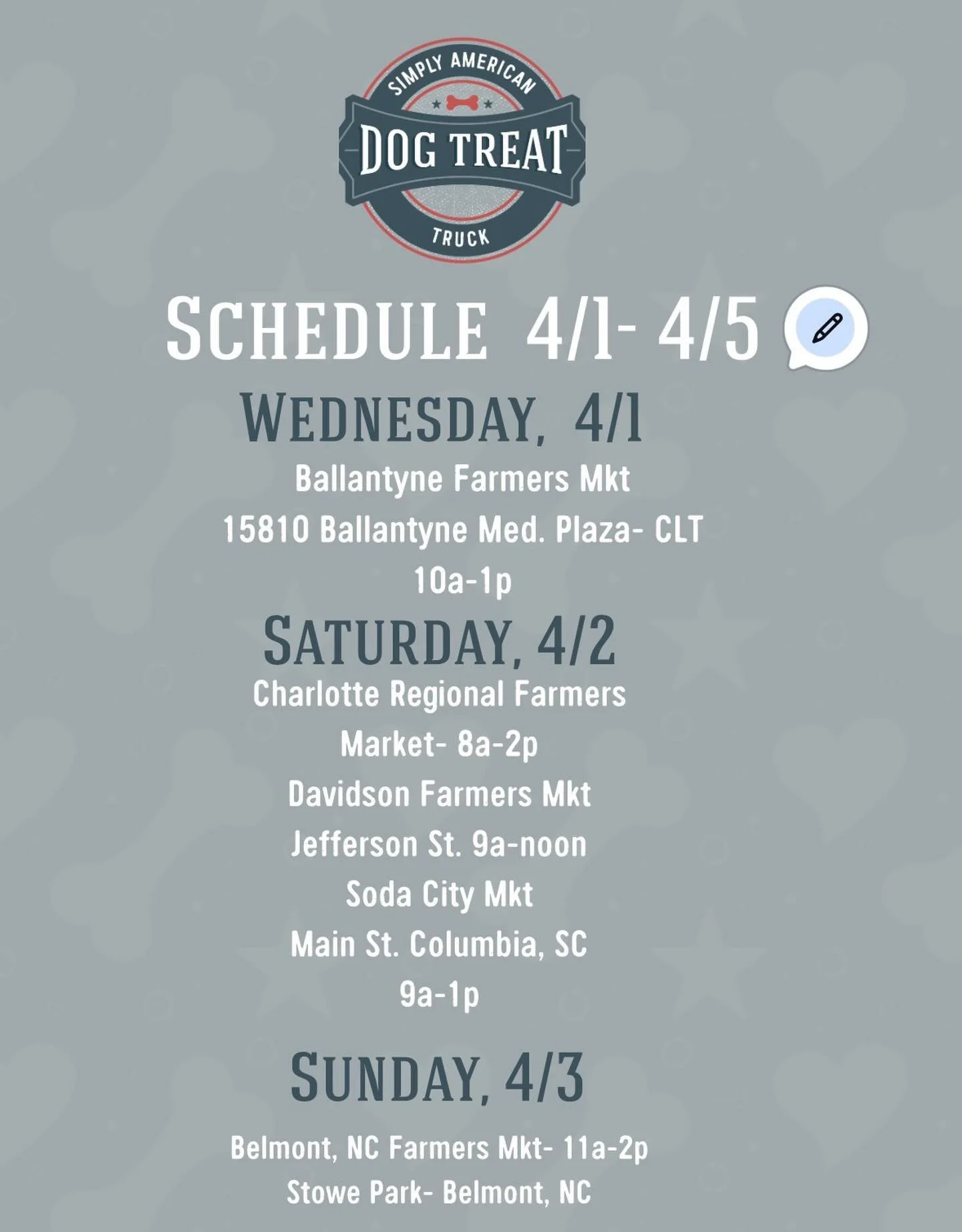 Zooming into April for ALL the Treats! Join us this week with your friends, family and dogs..

@ballantynefarmersmarket 
@charlotteregionalfarmersmarket 
@davidsonfarmersmkt 
@sodacitysc 
@belmontnc_farmersmarket