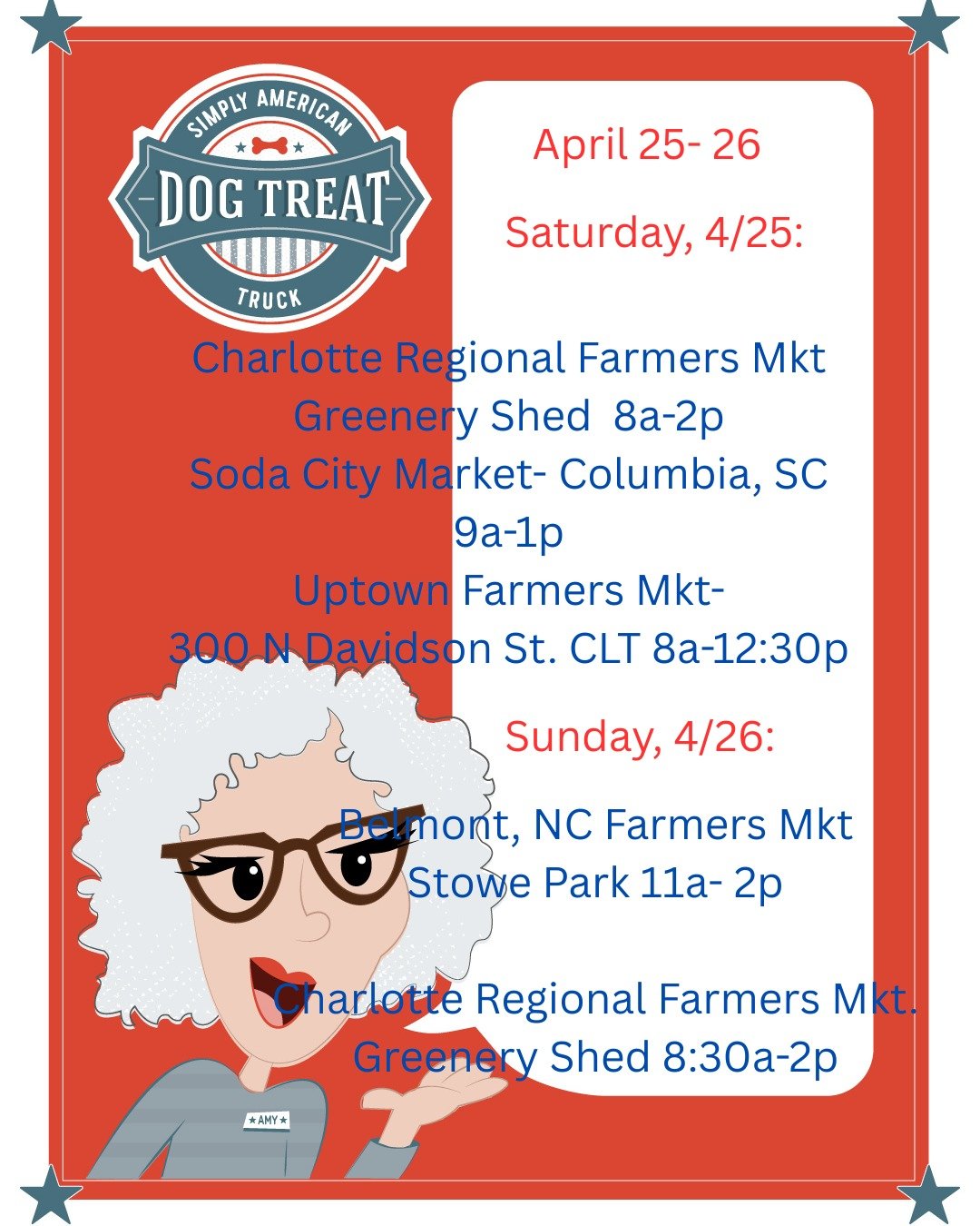 Another busy week with SO many options to fill your Treat Jar! 

Saturday, 4/25:

Charlotte Regional Farmers Mkt- Greenery Shed 8a- 2p
@charlotteregionalfarmersmarket 

Soda City Mkt- Main Street bet. Lady &amp; Washington Sts. 9a- 1p
@sodacitysc 

U