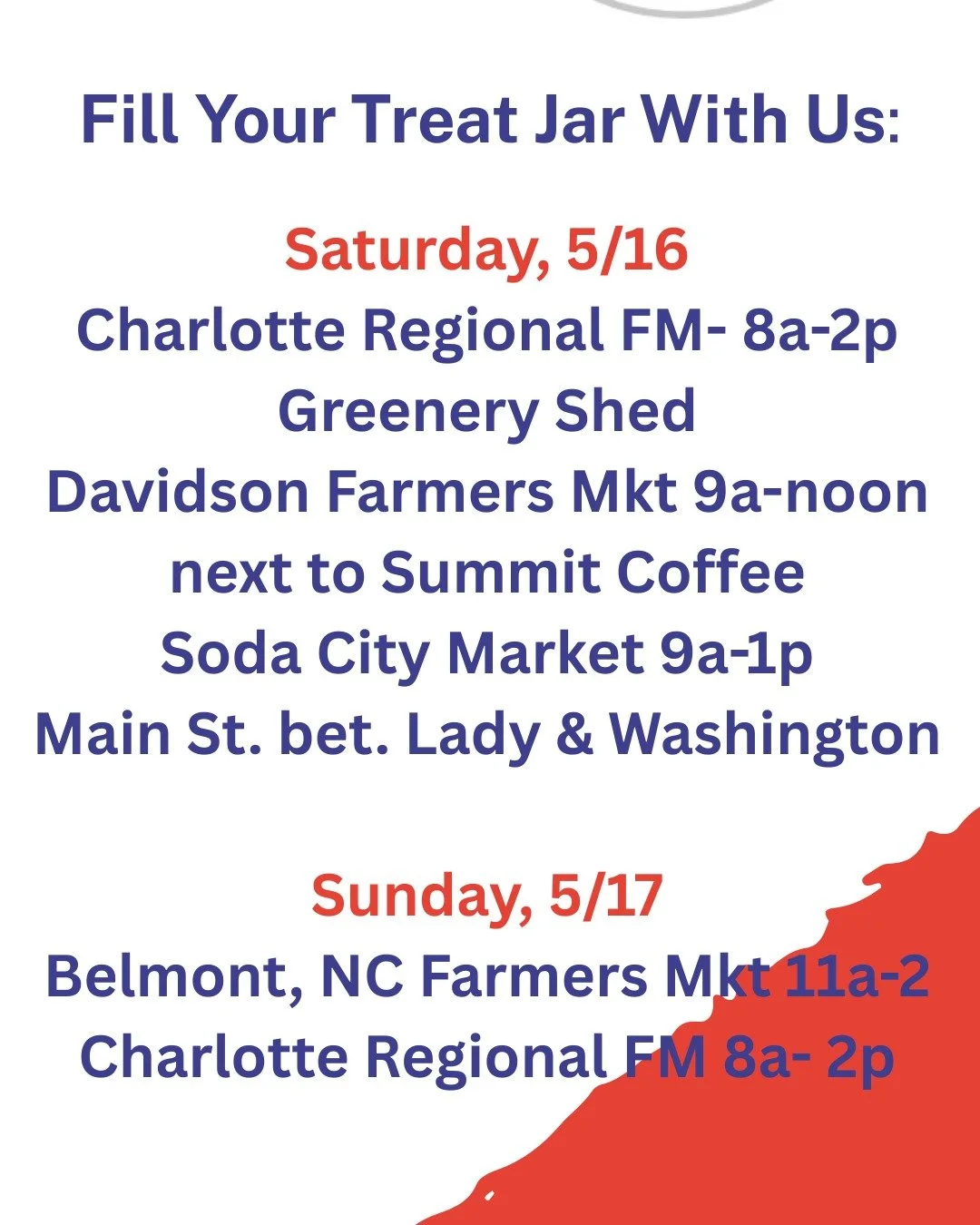Fill your Treat Jar with us this weekend! 

Saturday, 5/16:
🐶 Charlotte Regional Farmers Mkt
🐶 Davidson Farmers Mkt
🐶 Soda City Market- Columbia, SC

Sunday, 5/17:
🐶 Belmont, NC Farmers Mkt
🐶 Charlotte Regional Farmers Mkt

GREAT NEWS: Ostrich L