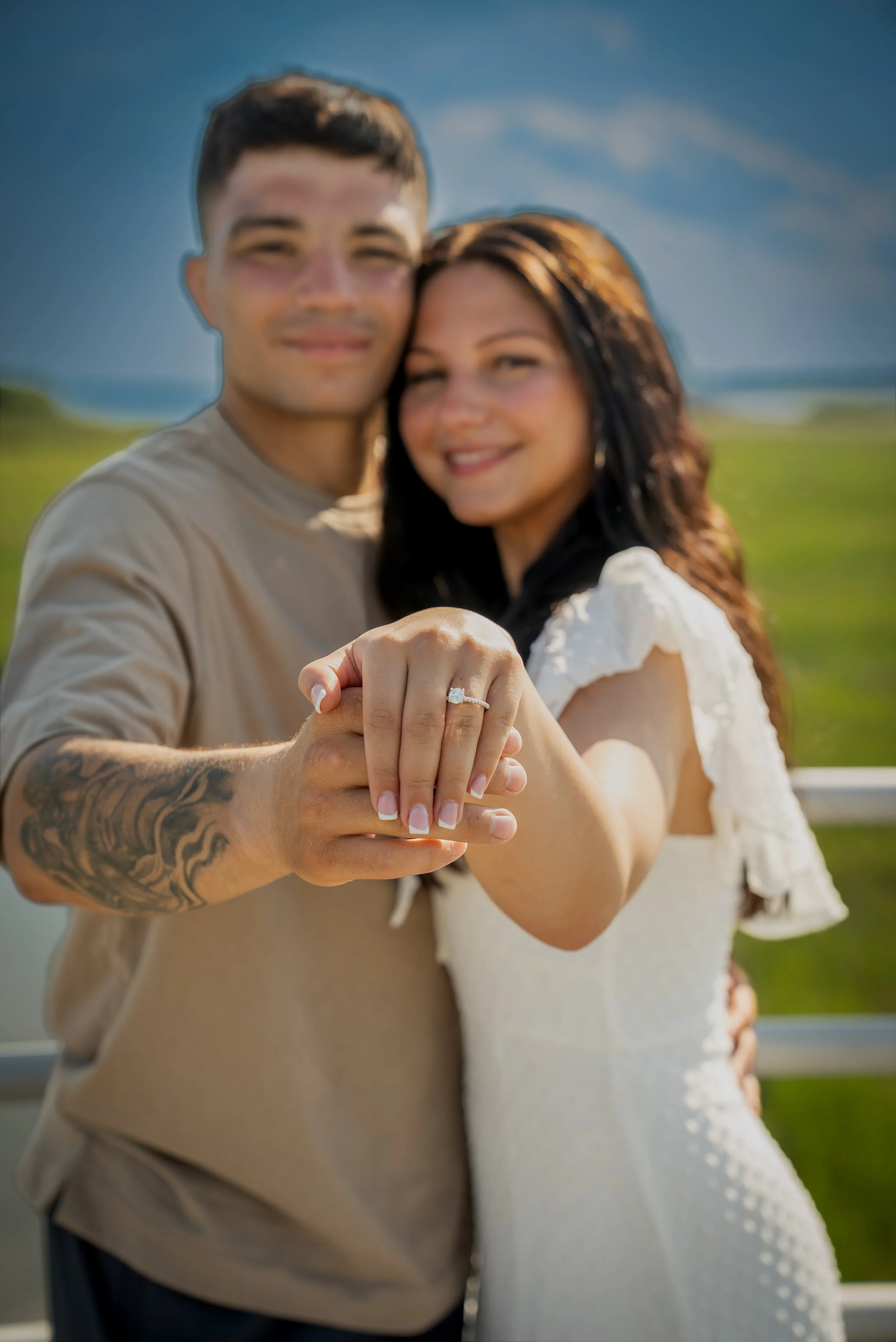A close-up of a diamond ring, photographed at Silver Sands State Park in Milford, CT by Connecticut engagement photographer 1 Lens Media.