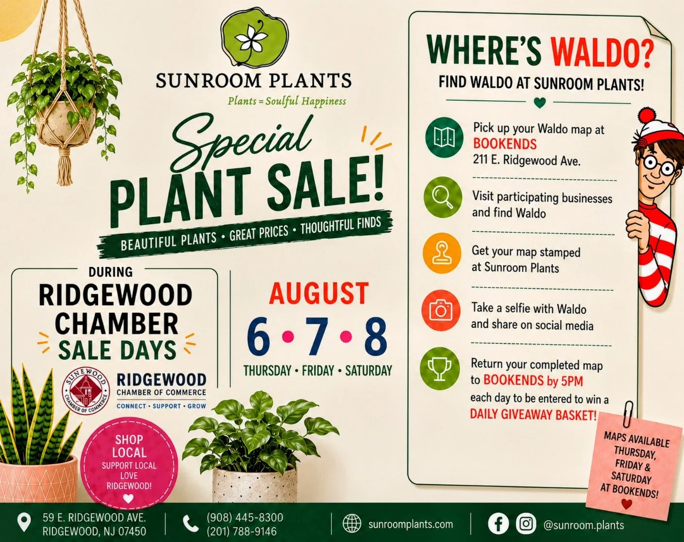 An advertisement for a special plant sale at Sunroom Plants during Ridgewood Chamber sale days on August 6th, 7th, and 8th, featuring houseplants and sale details.
