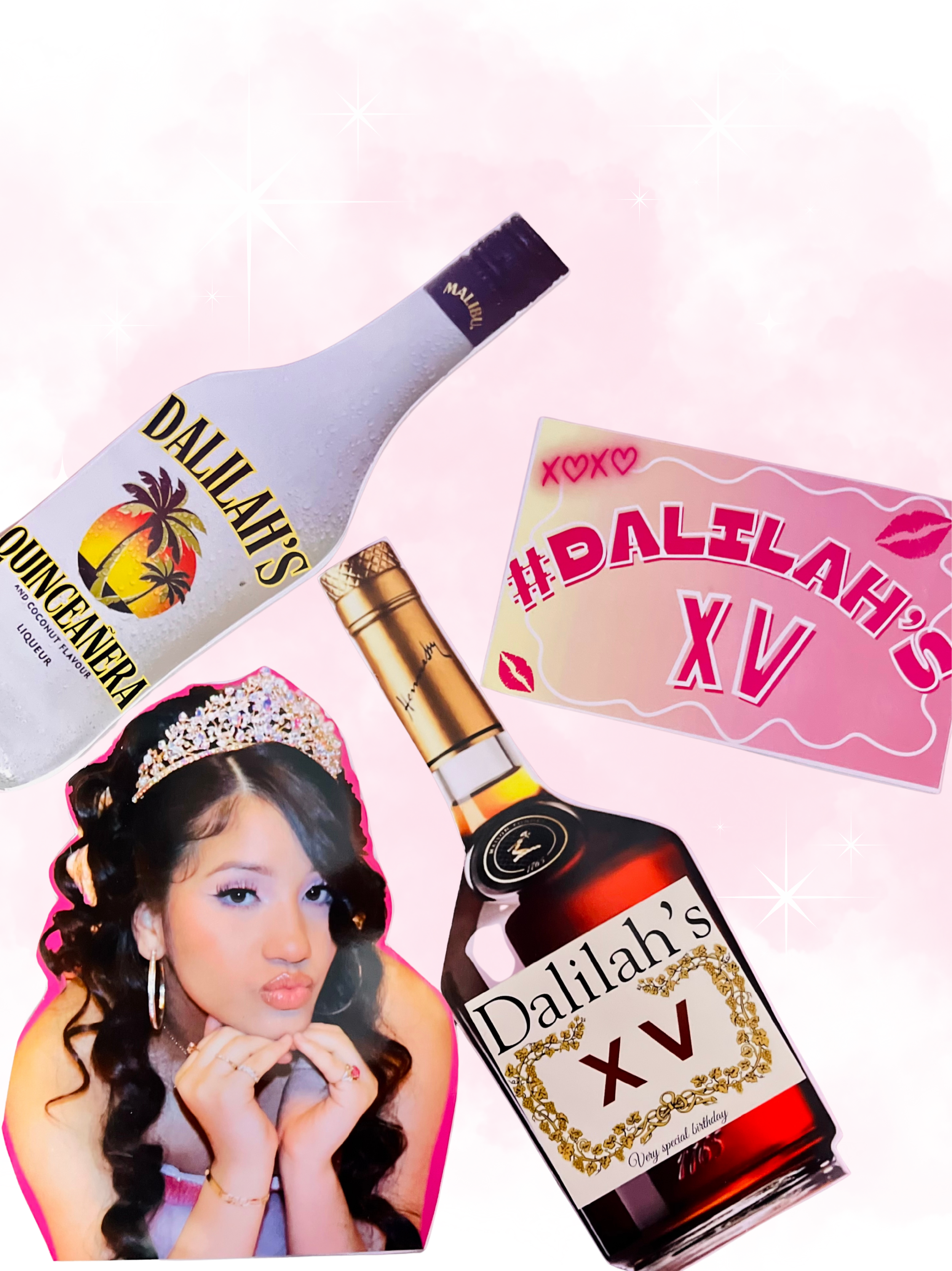 Custom props with personalized names, colors, face cut outs and alcohol bottles with names