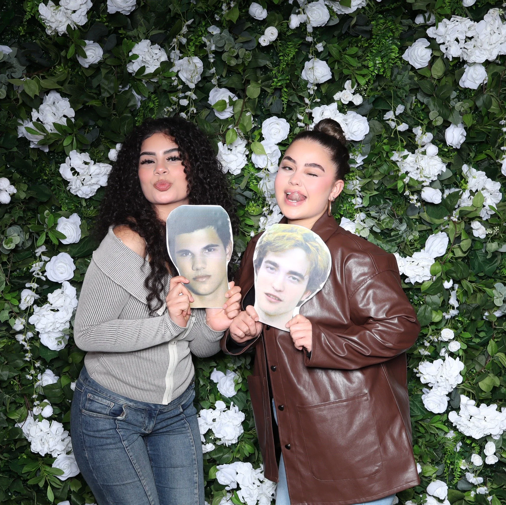 Friends posing with custom Jacob and Edward Face cut outs