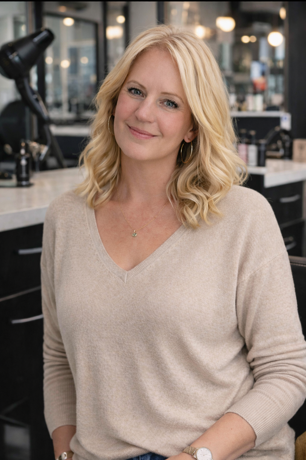 A woman with blonde hair and tattoos wearing a black medical scrub top, smiling, standing in front of a countertop with various jars and boxes of health or beauty products, in a room with wood cabinets.