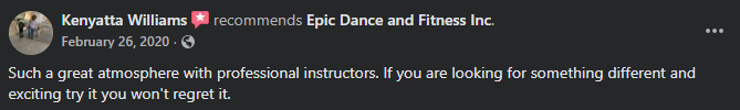 Social media post recommending Epic Dance and Fitness Inc. with a positive comment about the atmosphere and instructors.