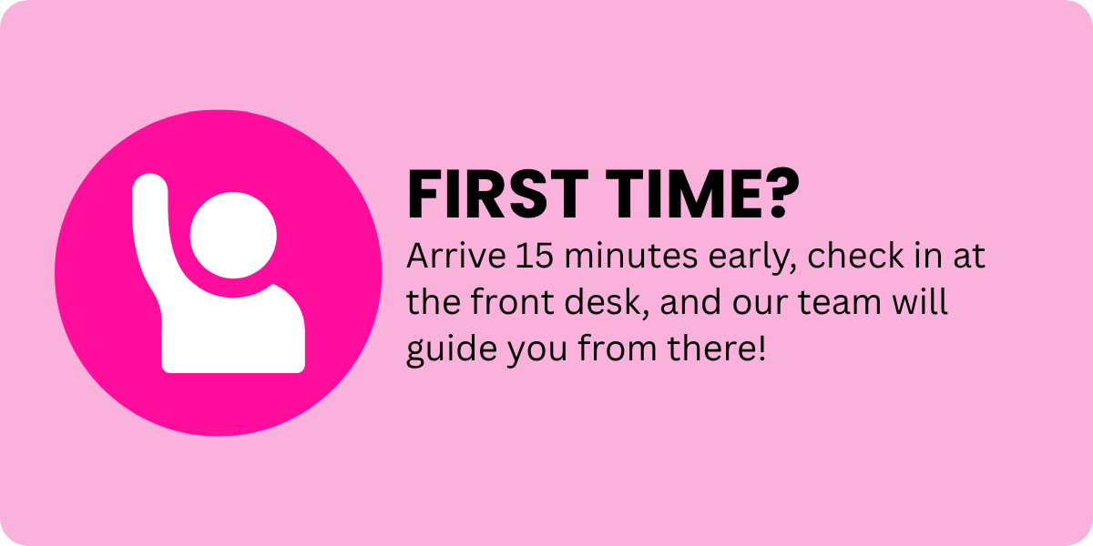 Icon of a person raising their hand, with instructions to arrive 15 minutes early and check in at the front desk for first-time visitors.