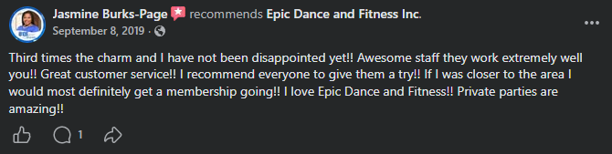 Screenshot of a Facebook review recommending Epic Dance and Fitness Inc. by Jasmine Burks-Page, praising the staff and services.