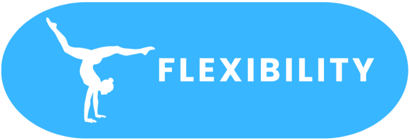 Blue oval with white text saying "FLEXIBILITY" and a white silhouette of a person performing a handstand.