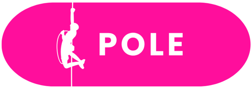 Pink oval sign with a graphic of a person climbing a pole and the word "POLE" in white capital letters.