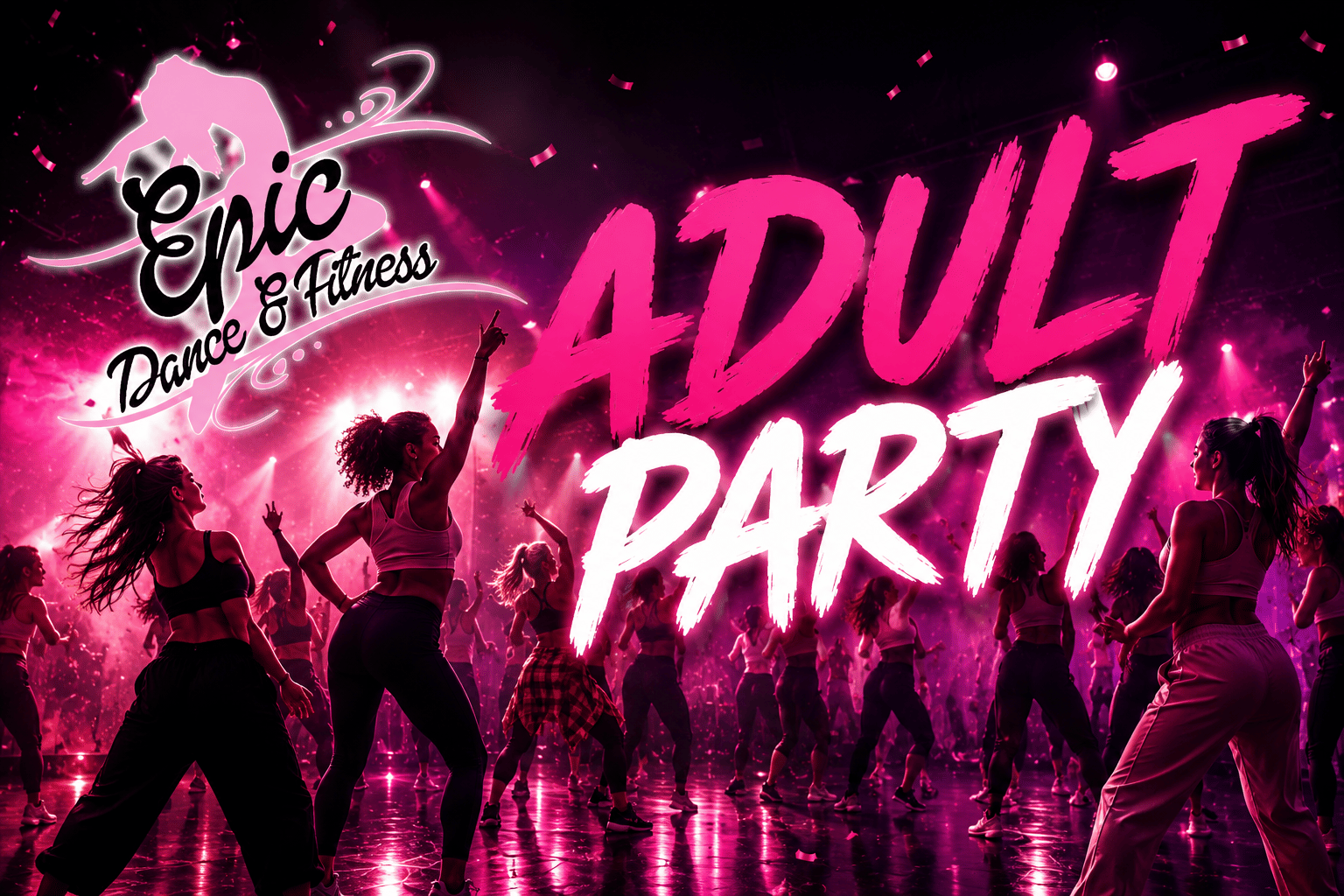 Pink and purple lit dance floor with women dancing, with text promoting 'Epic Dance & Fitness Adult Dance Party' in bold pink and black lettering.
