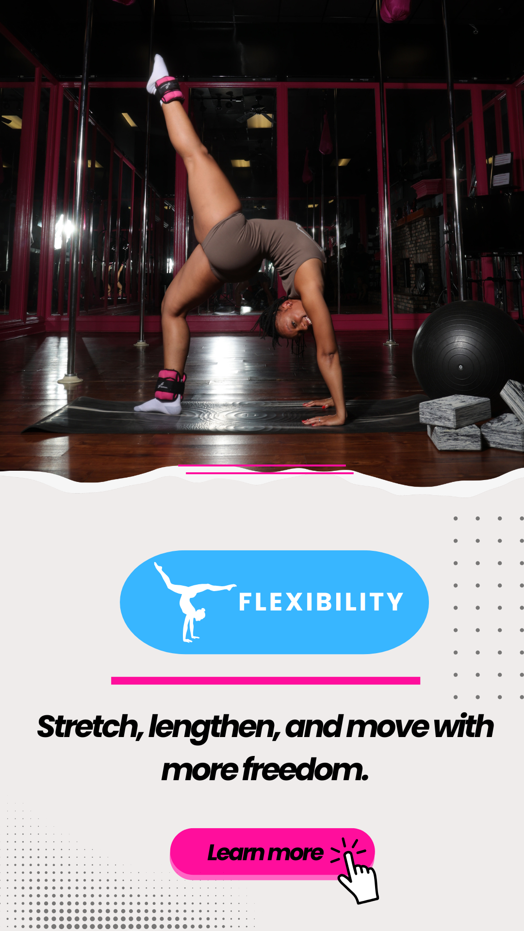 Woman performing a handstand in a gym with pink and black interior, exercise equipment, and a large exercise ball nearby.