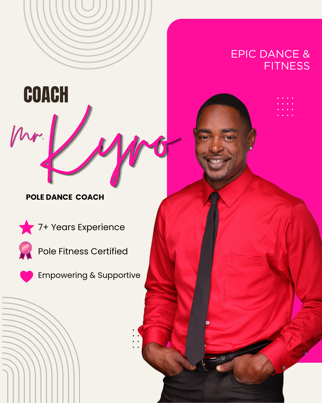 Promotional poster featuring Mr. Kymo, a pole dance and fitness coach. He is smiling, wearing a red shirt and black tie, with a pink and beige background. Text highlights his experience, certification, and supportive nature.