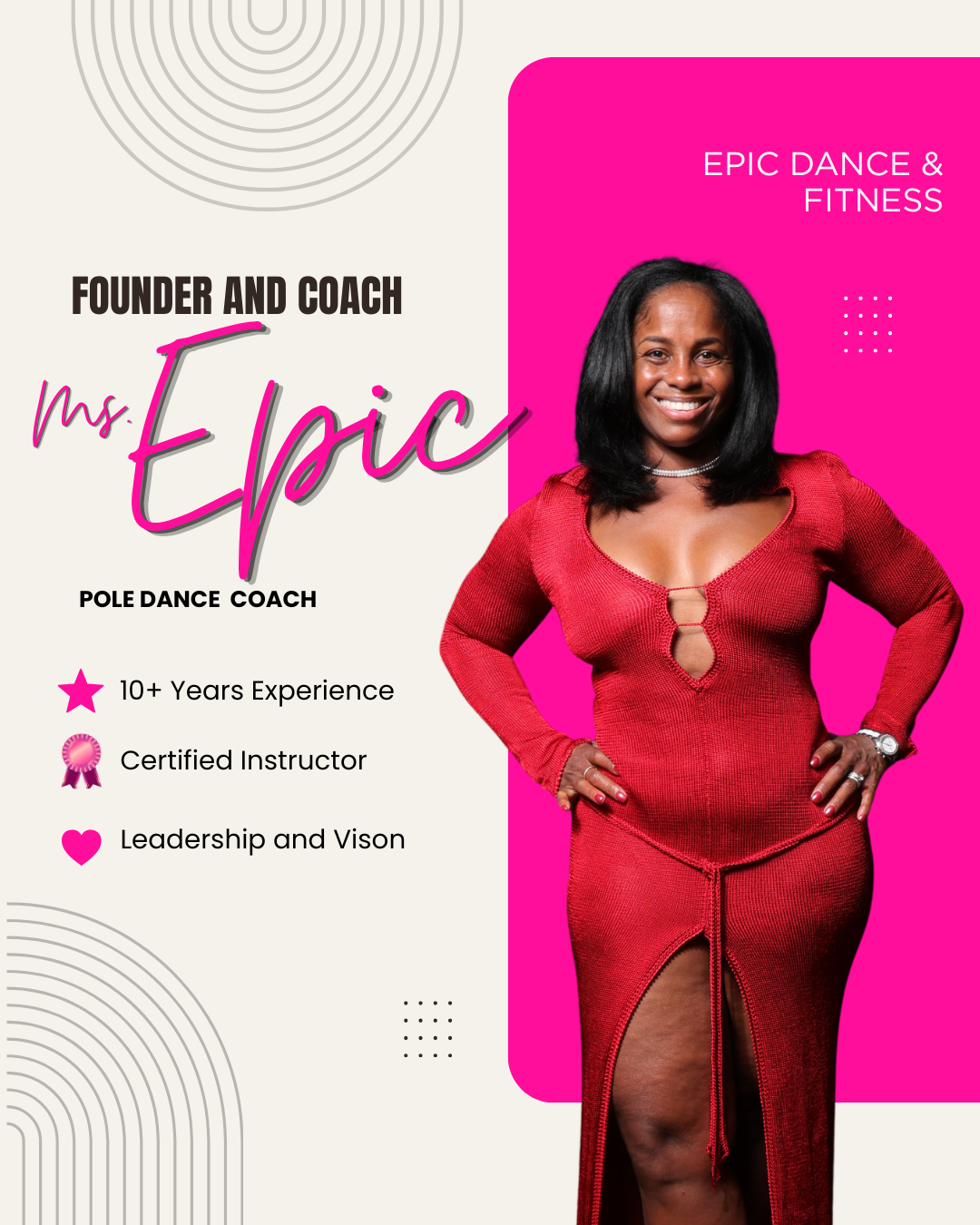 Promotional graphic for Ms. Etric, a pole dance coach and founder, featuring her smiling in a red dress with a pink background on the right and her name and credentials on the left, highlighting over 10 years of experience, certification, and leadership in epic dance and fitness.