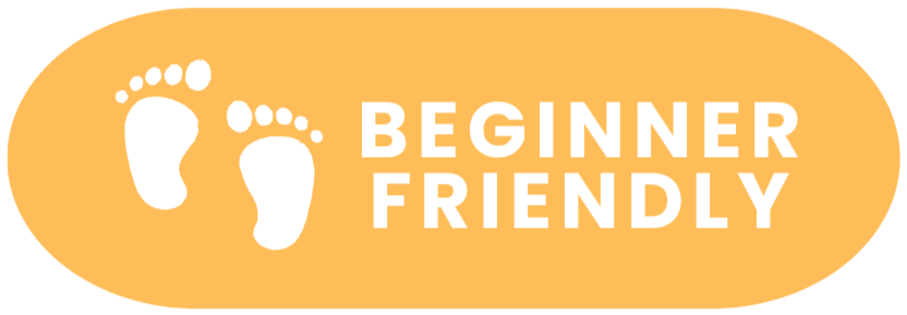 Orange oval badge with white text saying "BEGINNER FRIENDLY" and a graphic of two small footprints in white.
