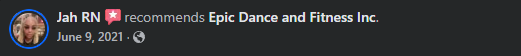 Facebook post recommending Epic Dance and Fitness Inc. with Jah RN, dated June 9, 2021.