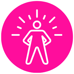 Line drawing of a person with rays emanating around their head, on a pink circular background.