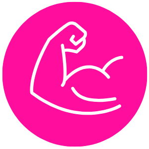 Stylized white outline of a flexed arm muscle on a pink circular background.