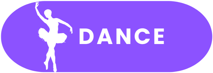 Purple oval sign with white silhouette of two dancers and the word 'DANCE' in bold white letters.
