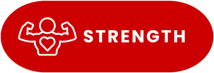 Icon of a person with a heart on their chest flexing muscles, next to the word 'STRENGTH' on a red rounded background.