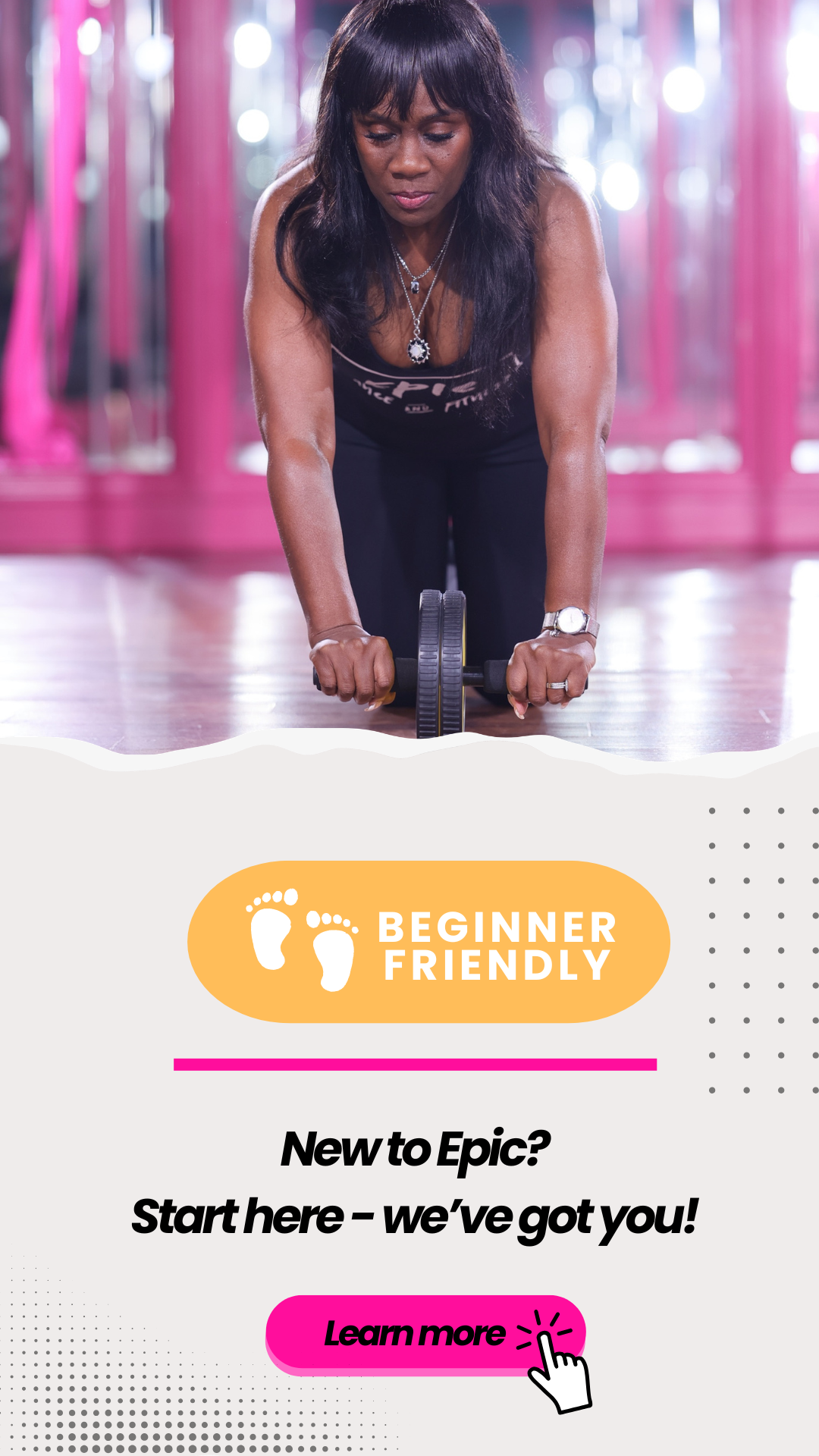 Woman exercising with ab wheel at gym, promoting beginner-friendly fitness program.